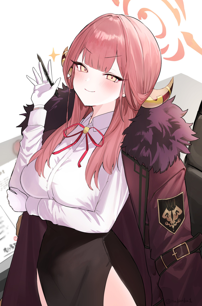 1girl absurdres artist_name aru_(blue_archive) badge black_skirt blue_archive blunt_bangs blush breasts chair closed_mouth coat coat_on_shoulders collared_shirt cowboy_shot desk eyelashes fur-trimmed_coat fur_trim gloves hair_between_eyes halo hand_up highres holding holding_pen horns lapels long_hair long_sleeves looking_at_viewer medium_breasts nakonbu neck_ribbon office_chair paper pen pink_hair red_coat red_ribbon ribbon shirt shirt_tucked_in side_slit sidelocks simple_background skirt smile solo sparkle standing swivel_chair twitter_username v-shaped_eyebrows white_background white_gloves white_shirt yellow_eyes