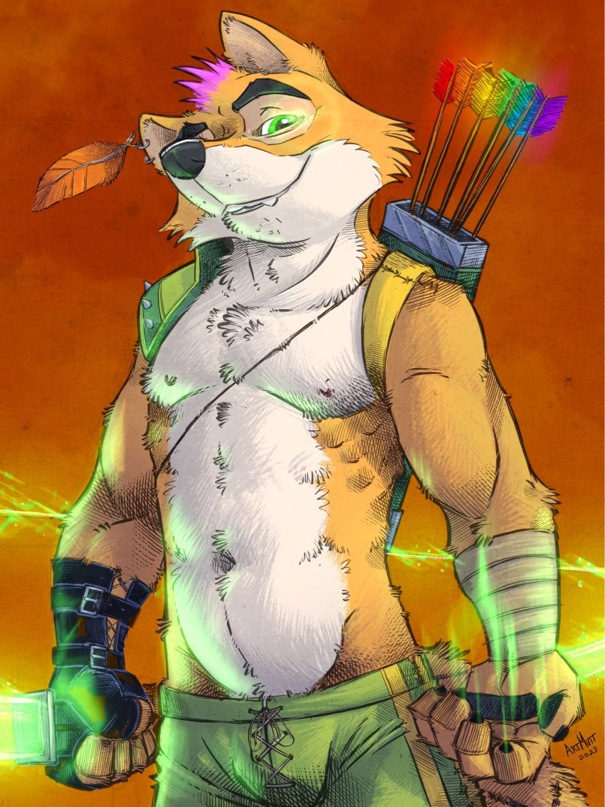 2023 anthro arm_wraps armor arrow_(weapon) athletic athletic_anthro athletic_male bottomwear bow_(weapon) canid canine claws clothed clothing disney ear_piercing ear_ring eyebrows feathers fingerless_gloves fox fur gloves hair handwear hi_res holding_bow_(weapon) holding_object holding_weapon k-9 lgbt_pride looking_at_viewer magic magic_user male mammal navel nipples orange_background pants pauldron pawpads piercing pink_hair pride_colors quiver rainbow_pride_colors ranged_weapon ring_piercing robin_hood robin_hood_(disney) signature simple_background smile solo spiked_pauldron spikes standing super_gay teeth topless topless_anthro topless_male tuft weapon wraps