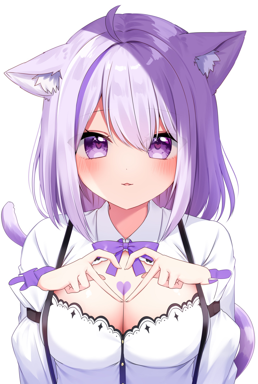 1girl absurdres ahoge animal_ear_fluff animal_ears blush bow bowtie breasts buttons cat_ears cat_girl cat_tail chest_tattoo cleavage cleavage_cutout clothing_cutout collared_shirt commentary_request eyes_visible_through_hair fingernails hair_between_eyes hands_up heart heart-shaped_pupils heart_hands heart_on_chest heart_tattoo highres hololive large_breasts long_sleeves looking_at_viewer medium_hair nekomata_okayu nekomata_okayu_(6th_costume) official_alternate_costume parted_lips puffy_long_sleeves puffy_sleeves purple_bow purple_bowtie purple_eyes purple_hair purple_tail revision shinonome_asu shirt sidelocks simple_background smile solo star_(symbol) star_print suspenders symbol-shaped_pupils tail tattoo upper_body virtual_youtuber white_background white_shirt