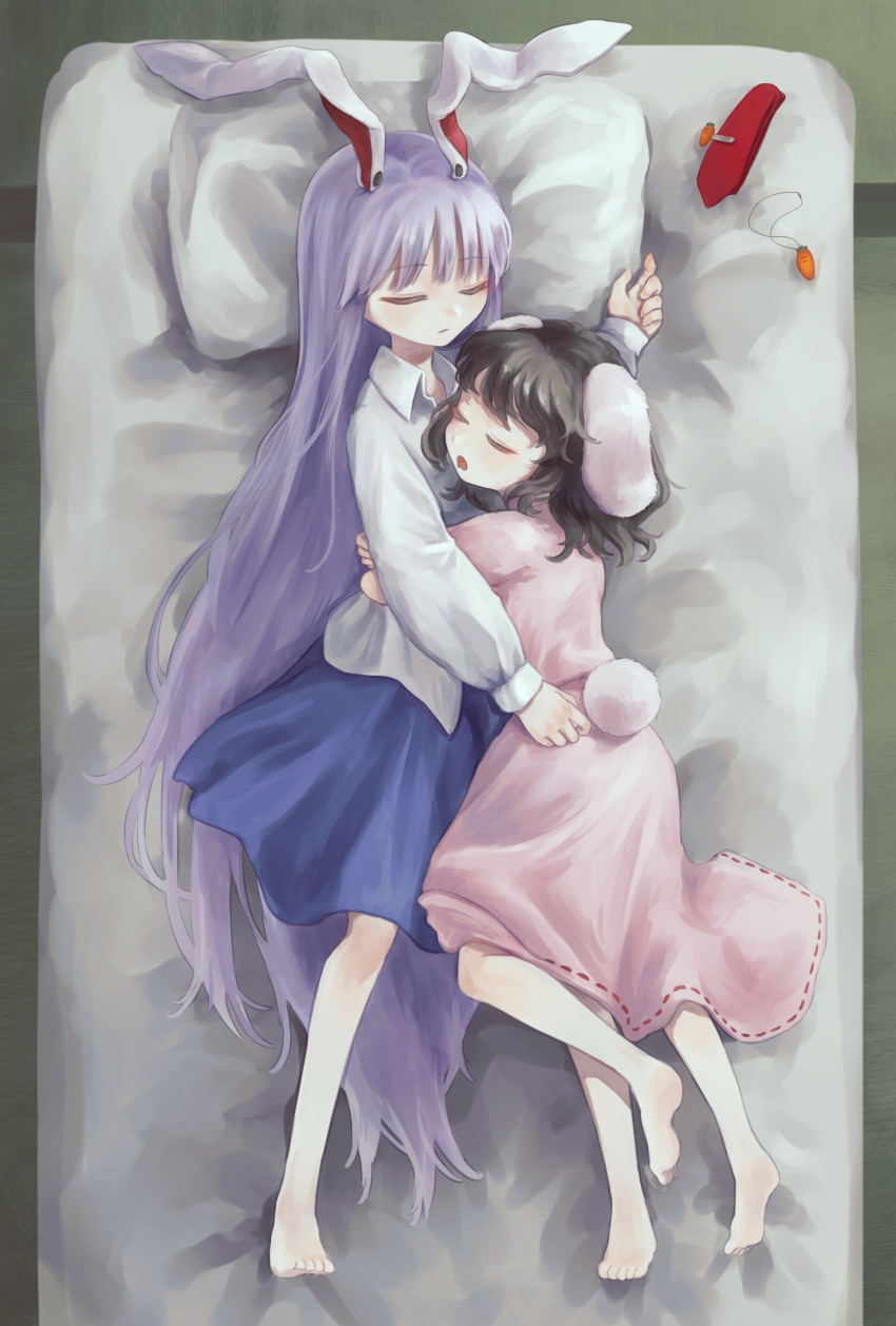 2girls absurdly_long_hair absurdres animal_ears ass barefoot black_hair carrot_necklace closed_eyes dress floppy_ears full_body highres inaba_tewi jewelry jewelry_removed long_hair medium_hair multiple_girls necklace necklace_removed necktie necktie_removed on_bed petite pillow pink_dress purple_hair rabbit_ears rabbit_tail reisen_udongein_inaba sleeping soles tachibana_yae_(kanzaki_kura) tail touhou very_long_hair yuri