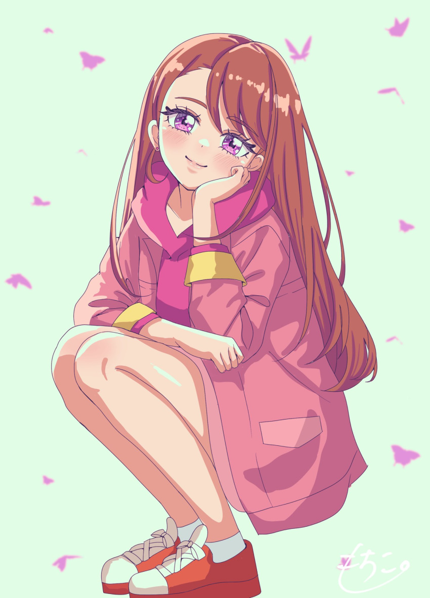 1girl blush brown_hair bug butterfly hand_on_own_cheek hand_on_own_face highres hijiri_ageha hirogaru_sky!_precure hood hoodie jacket jacket_over_hoodie long_hair mochico_bb open_clothes open_jacket pink_butterfly pink_hoodie pink_jacket precure purple_eyes red_footwear solo