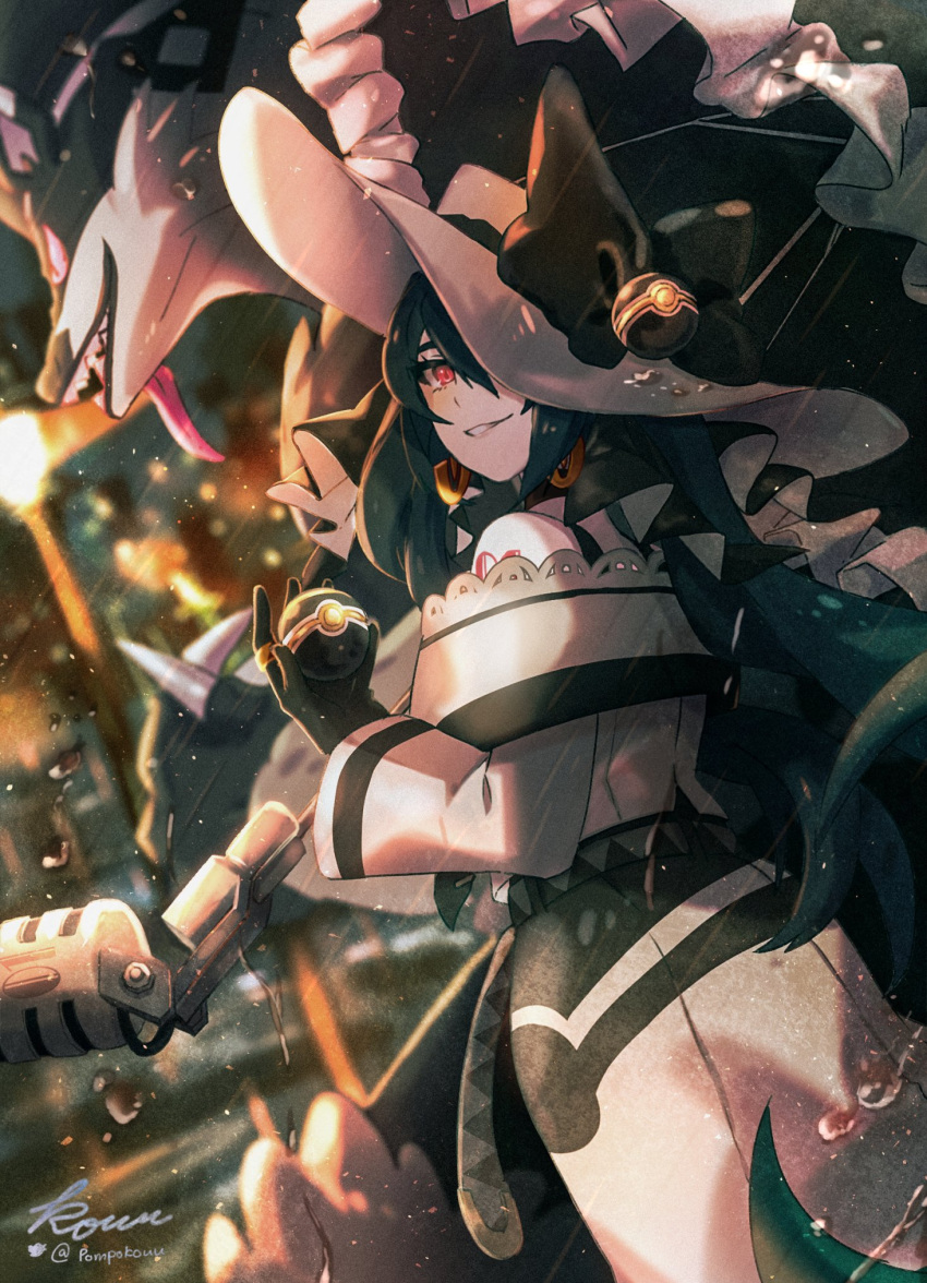 1girl bare_shoulders black_choker black_gloves black_ribbon choker claws dark_miku_(project_voltage) earrings gloves hat hat_ribbon hatsune_miku highres holding holding_umbrella jewelry long_hair long_sleeves looking_at_viewer luxury_ball microphone obstagoon one_eye_covered poke_ball pokemon pokemon_(creature) pompokouu project_voltage rain red_eyes ribbon ring smile tongue tongue_out umbrella very_long_hair vocaloid