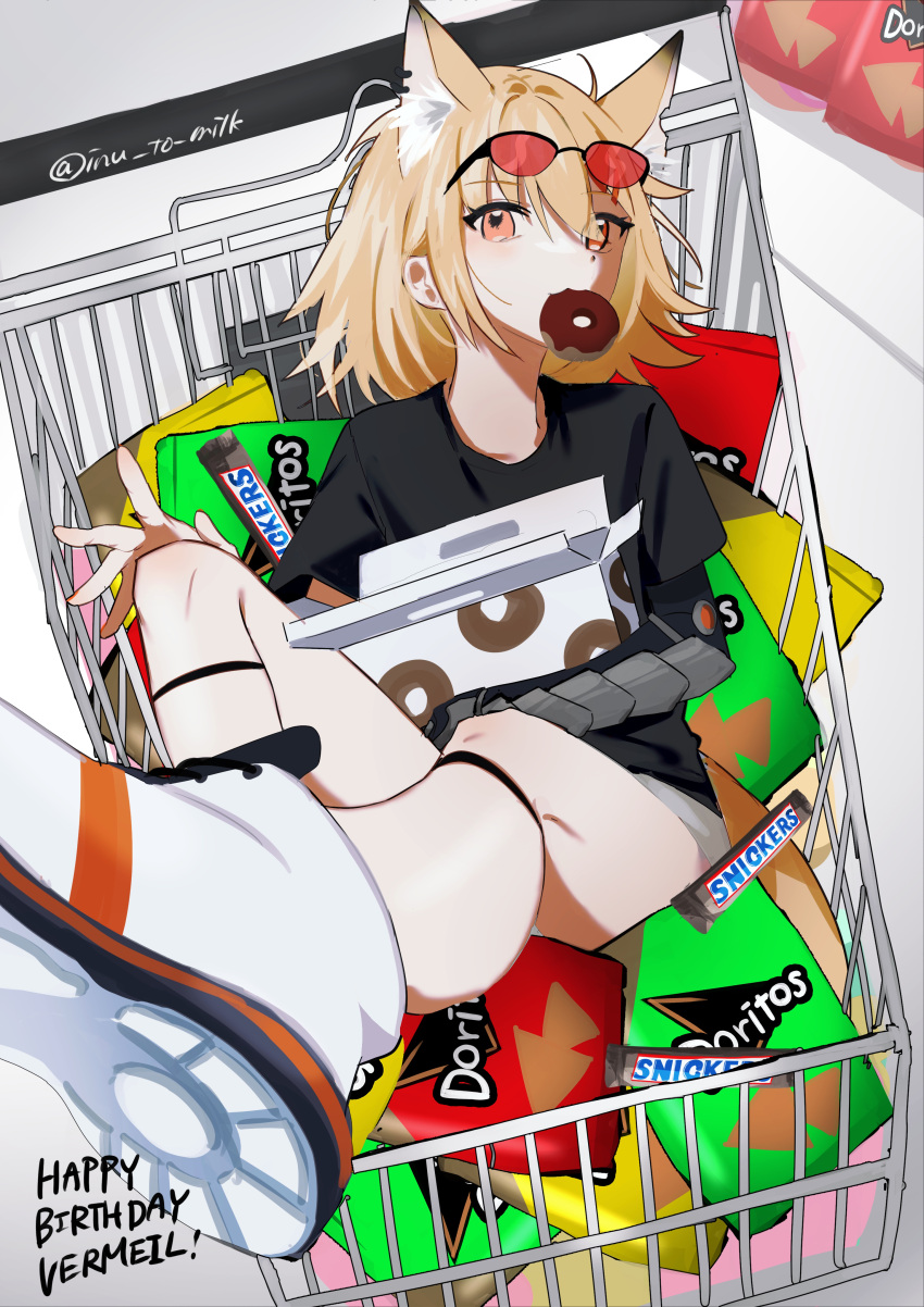 1girl absurdres alternate_costume animal_ears arknights black_shirt blonde_hair box character_name closed_mouth doritos doughnut extra_ears eyewear_on_head food happy_birthday highres inu_to_milk looking_at_viewer mouth_hold orange_eyes pastry_box shirt shoes shopping_cart short_sleeves shorts sidelocks sneakers snickers_(brand) solo sunglasses tail twitter_username vermeil_(arknights) white_footwear