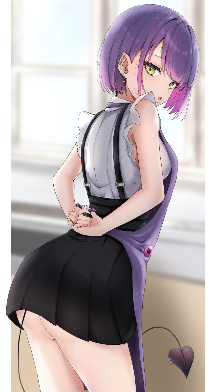 1girl absurdres apron black_skirt blush breasts demon_girl demon_tail ear_piercing green_eyes highres hololive looking_at_viewer looking_back medium_breasts multicolored_hair nyarome_(nyaromeart) official_alternate_costume piercing pink_hair purple_apron purple_hair shirt skirt solo streaked_hair suspender_skirt suspenders tail tail_ornament tail_piercing tokoyami_towa tokoyami_towa_(jirai_kei) virtual_youtuber white_shirt