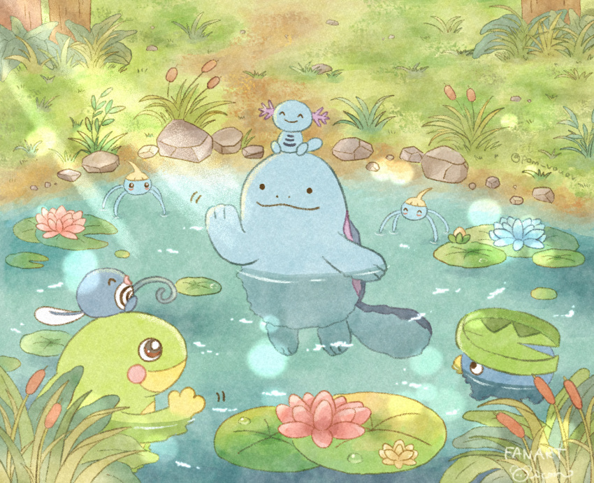 ^_^ blue_flower cattail closed_eyes closed_mouth commentary_request day flower grass hand_up highres light_rays lily_pad looking_at_another lotad mian_(user_kwcj2833) no_humans on_head outdoors partially_submerged pink_flower plant pokemon pokemon_(creature) pokemon_on_head politoed poliwag pond quagsire rock signature smile solid_circle_eyes surskit tree water water_lily_flower wooper yellow_flower