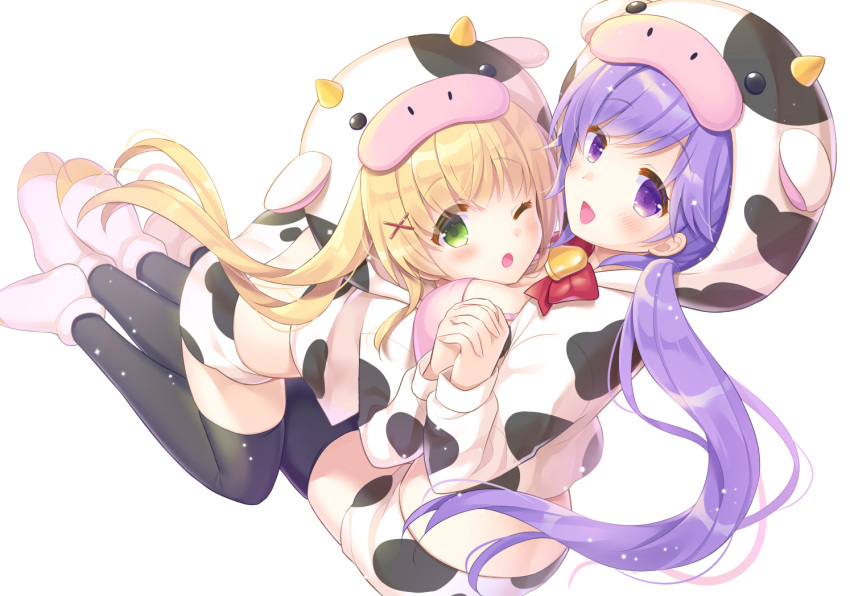 2girls :d :o animal_ears animal_hood animal_print bell between_breasts black_thighhighs blonde_hair blush bow bra breasts commentary_request cow cow_ears cow_horns cow_print cowbell cropped_hoodie eyelashes eyes_visible_through_hair fingernails floating_hair foreshortening full_body green_eyes hair_between_eyes hair_ornament head_between_breasts holding_hands hood hoodie horns hoshimame_mana hug interlocked_fingers kneeling large_breasts long_hair looking_at_viewer low_twintails mizuori_shizuku multiple_girls open_mouth pink_bra pink_footwear purple_eyes purple_hair red_bow shorts simple_background sitting skindentation smile sparkle summer_pockets thighhighs thighs tsumugi_wenders twintails underwear very_long_hair white_background white_hoodie white_shorts wings x_hair_ornament yuri