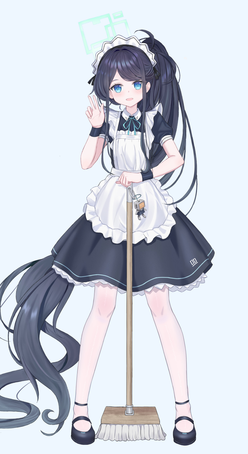 &lt;key&gt;_(robot)_(blue_archive) 1girl absurdres apron aris_(blue_archive) aris_(maid)_(blue_archive) black_footwear black_hair blue_archive blue_bow blue_bowtie blue_eyes bow bowtie broom commentary_request forehead frilled_apron frills full_body halo hgdnmlj highres holding holding_broom long_hair looking_at_viewer maid maid_apron maid_headdress mary_janes official_alternate_costume official_alternate_hairstyle pantyhose parted_bangs shoes short_sleeves side_ponytail sidelocks simple_background solo standing v white_apron white_pantyhose wristband