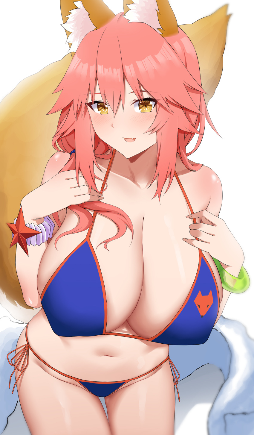 1girl absurdres animal_ear_fluff animal_ears arind_yudha bangle bare_shoulders bikini blue_bikini blue_ribbon blush bracelet breasts cleavage closed_mouth collarbone fang fate/grand_order fate_(series) fox_ears fox_girl fox_print fox_tail green_bracelet hair_between_eyes hair_ribbon highres huge_breasts jewelry leaning_forward looking_at_viewer navel orange_trim pink_hair ribbon shoulder_blush side-tie_bikini_bottom simple_background skin_fang smile solo standing star_ornament stomach swimsuit tail tamamo_(fate) tamamo_no_mae_(fate/extra) tamamo_no_mae_(swimsuit_lancer)_(fate) tamamo_no_mae_(swimsuit_lancer)_(third_ascension)_(fate) thighs towel white_background white_towel white_wristband yellow_eyes