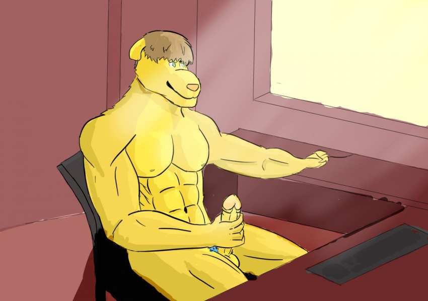 aaron_(musclefurrydogaaron) anthro blue_pubic_hair brown_hair canid canine computer computer_mouse dog_anthro erection fur genitals glans green_eyes hair inside jpxgamer_(artist) keyboard male male/male mammal masturbation musclefurrydogaaron muscular nipples orange_glans pecs penis yellow_body yellow_dog yellow_fur yellow_penis