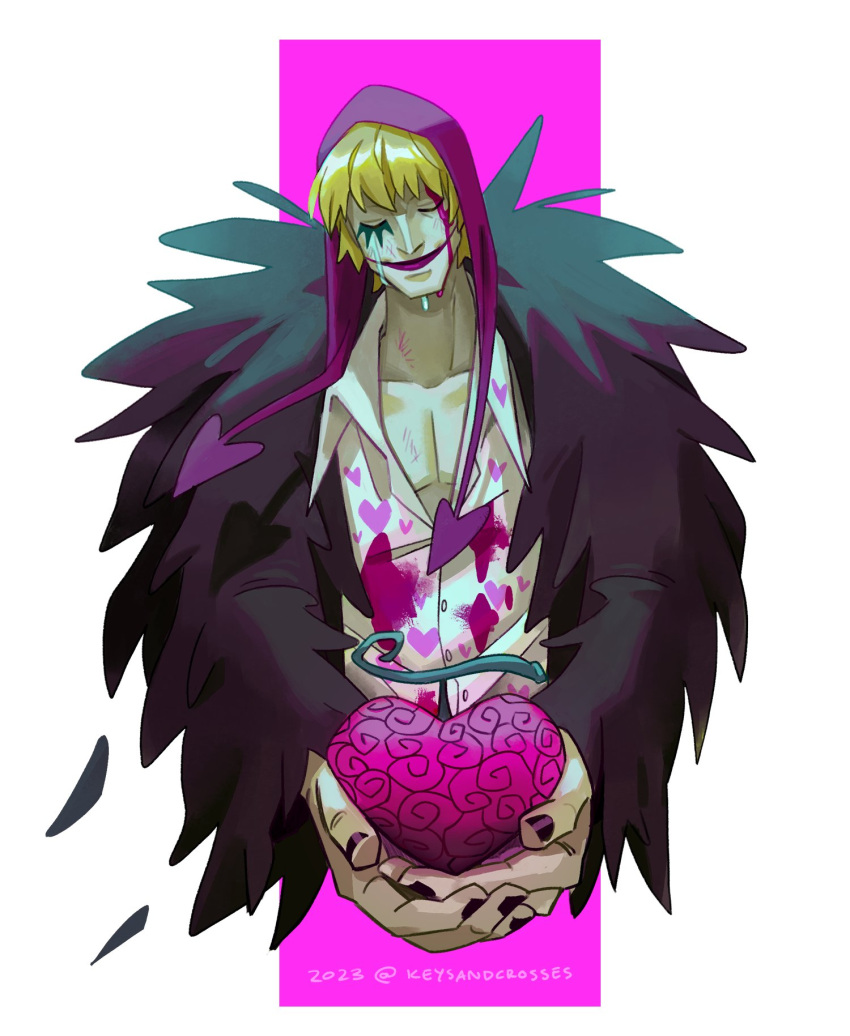 1boy blonde_hair blood blood_on_clothes blood_on_face coat coat_on_shoulders cropped_torso devil_fruit donquixote_rocinante facing_viewer fur_coat head_tilt heart heart_print highres holding hood incoming_gift keysandcrosses long_sleeves makeup male_focus one_piece pectoral_cleavage pectorals pink_coat red_hood smile solo tears_from_one_eye