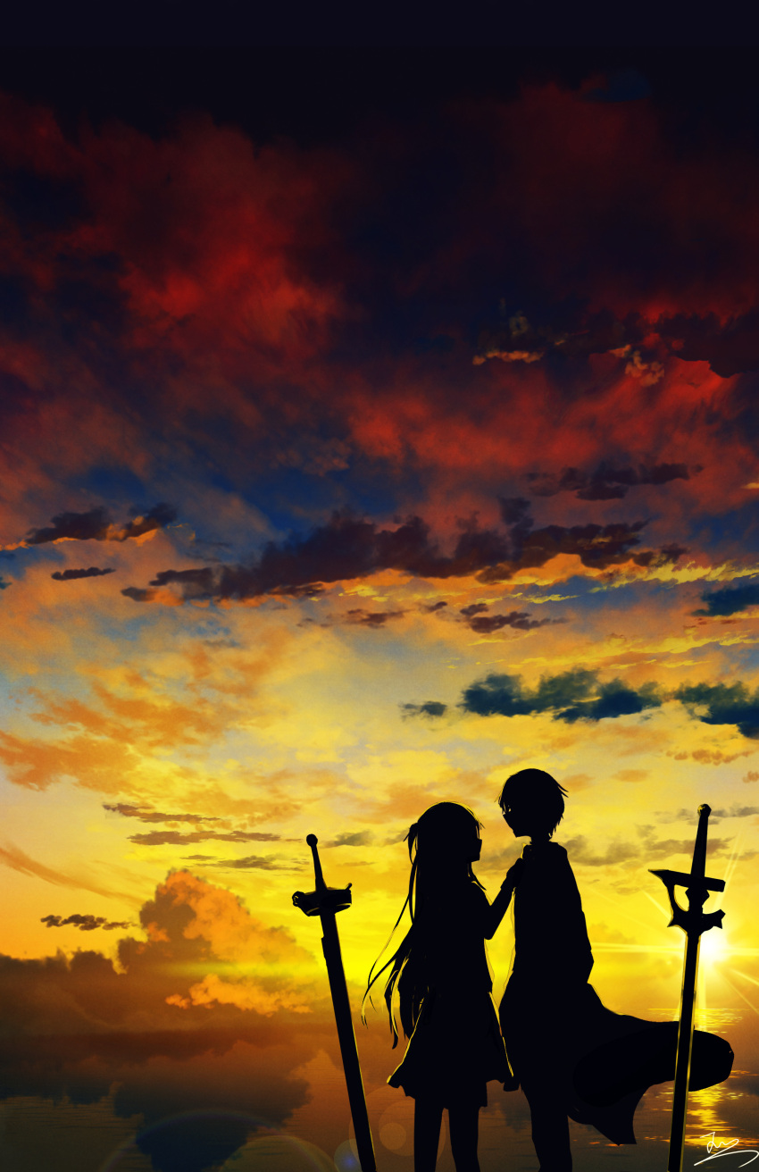 1boy 1girl absurdres asuna_(sao) cloud dress from_side hand_up highres jacket kirito long_hair looking_at_another planted planted_sword scenery short_hair skyrick9413 sunset sword sword_art_online weapon
