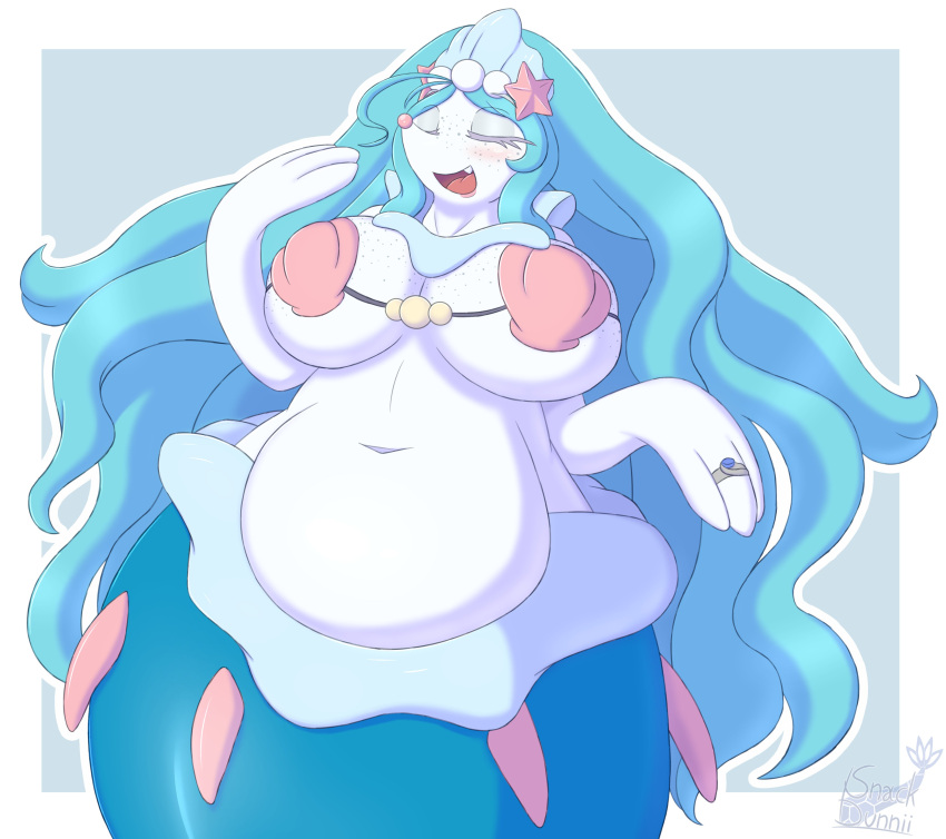 absurd_res anthro asterozoan big_breasts bikini blue_body blue_hair blush breasts clothing echinoderm eyelashes eyes_closed female finger_ring freckles generation_7_pokemon hair hi_res jewelry long_hair mammal marine mature_female merfolk nintendo open_mouth pinniped pokemon pokemon_(species) primarina ring_(jewelry) seashell_bra slightly_chubby snackbunnii solo split_form starfish starfish_(accessory) swimwear white_body wide_hips