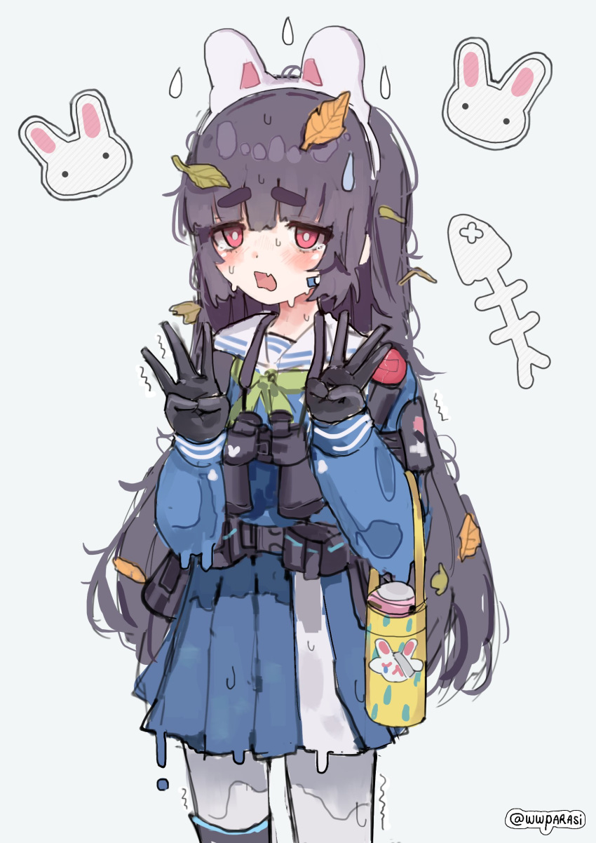 1girl absurdres animal_ears binoculars black_gloves black_hair blue_archive blue_serafuku blue_shirt blue_skirt blunt_bangs blush cowboy_shot fake_animal_ears fingers gloves green_ribbon highres hikimayu hime_cut leaf long_hair looking_at_viewer middle_w miyu_(blue_archive) nervous rabbit_ears red_eyes ribbon school_uniform serafuku shirt skirt standing sweat thermos thick_eyebrows w white_background wwparasi