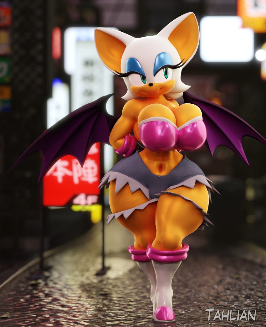 3d_(artwork) absurd_res anthro bat big_breasts big_butt breasts butt clothed clothing curvy_figure digital_media_(artwork) eyeshadow female female_anthro gloves green_eyes handwear hi_res huge_breasts japanese_text makeup mammal membrane_(anatomy) membranous_wings neon_sign outside rouge_the_bat sega short_stack sign smile solo sonic_the_hedgehog_(series) street tahlian text thick_thighs voluptuous wide_hips wings yellow_body