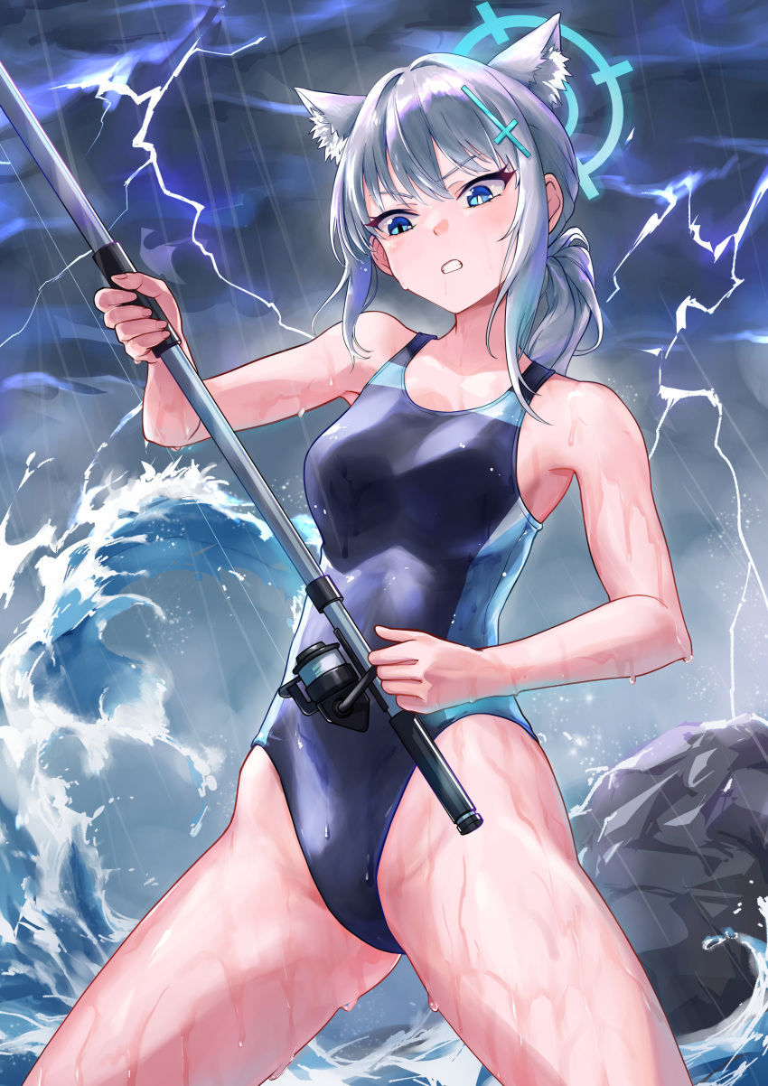 1girl absurdres animal_ear_fluff animal_ears black_one-piece_swimsuit blue_archive blue_eyes breasts cloud cloudy_sky competition_swimsuit covered_navel cross_hair_ornament dark_clouds extra_ears fishing_rod grey_hair hair_ornament halo highres lightning low_ponytail medium_breasts medium_hair mismatched_pupils multicolored_clothes multicolored_swimsuit noomaru_(nomorepeople) official_alternate_costume one-piece_swimsuit outdoors rain rock shiroko_(blue_archive) shiroko_(swimsuit)_(blue_archive) sky solo standing storm storm_cloud swimsuit waves wolf_ears