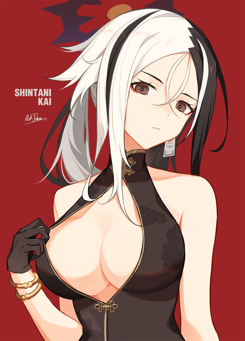 1girl ark_john_up black_dress black_eyes black_gloves black_hair blue_archive breasts china_dress chinese_clothes cleavage dress earrings english_text gloves hair_between_eyes halo highres jewelry kai_(blue_archive) large_breasts long_hair looking_at_viewer multicolored_hair solo two-tone_hair white_hair