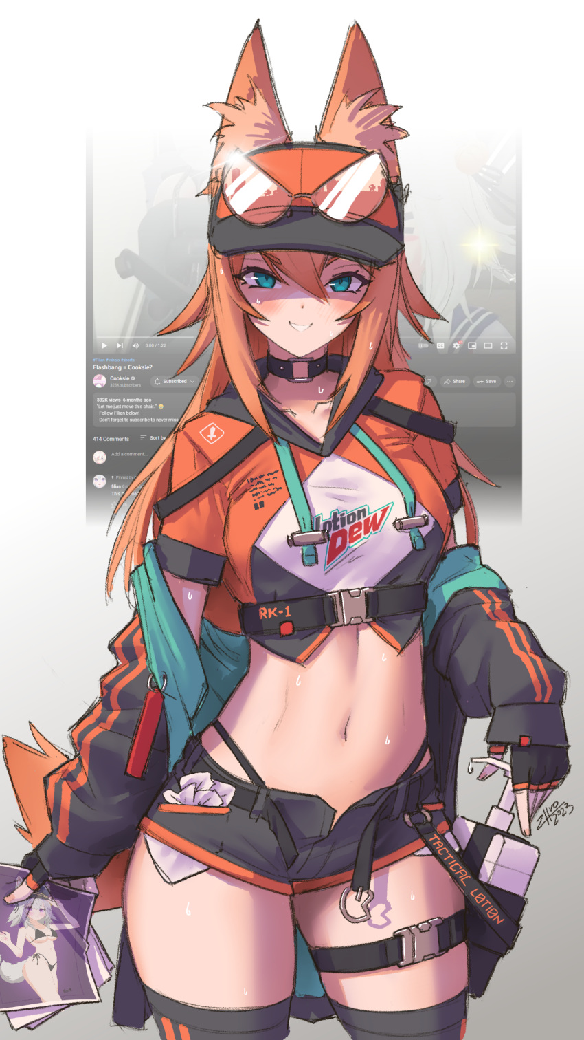 1girl animal_ear_fluff animal_ears baseball_cap bikini black_bikini black_thighhighs breasts eyewear_on_head filian_(vtuber) fox_ears fox_girl fox_tail glasses hair_between_eyes hat highres indie_virtual_youtuber jacket long_hair long_sleeves looking_at_viewer lotion_bottle medium_breasts navel orange_hair photo_(object) rekson short_shorts shorts sidelocks smile solo standing stomach sweat swimsuit tail teeth thigh_strap thighhighs virtual_youtuber zhvo