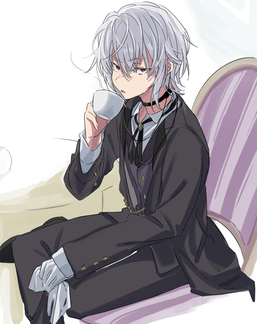 1boy absurdres accelerator_(toaru_majutsu_no_index) albino ambiguous_gender androgynous anninn_do_fu black_choker black_jacket black_pants black_vest bolo_tie butler chair choker collared_shirt crossed_legs cup electrodes formal gloves highres holding holding_clothes holding_cup holding_gloves jacket long_sleeves looking_at_viewer pale_skin pants red_eyes sanpaku shirt short_hair sitting sketch solo table teacup toaru_majutsu_no_index vest white_gloves white_hair white_shirt