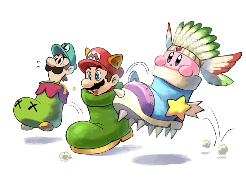2boys animal_ears black_eyes blue_eyes brown_hair copy_ability crossover facial_hair flying_sweatdrops goomba's_shoe green_headwear hat highres jumping kirby kirby's_return_to_dream_land kirby_(series) luigi mario mario_&amp;_luigi:_bowser's_inside_story mario_&amp;_luigi_rpg mario_(series) multiple_boys mustache raccoon_ears red_headwear riding shadow shoes short_hair simple_background sockop spiked_shoes spikes star_(symbol) super_mario_bros._3 sweatdrop trait_connection white_background wing_kirby ya_mari_6363
