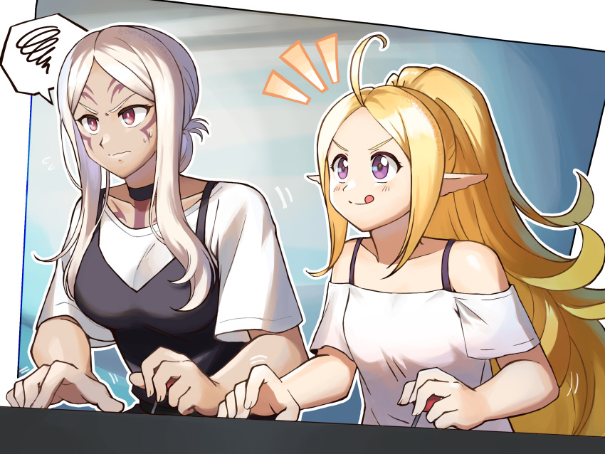 2girls arcade aversa_(fire_emblem) betabetamaru black_choker blonde_hair bra_strap breasts choker commentary_request commission contemporary english_commentary facial_mark fire_emblem fire_emblem_awakening highres long_hair medium_breasts mixed-language_commentary motion_lines multiple_girls nowi_(fire_emblem) off-shoulder_shirt off_shoulder playing_games pointy_ears ponytail purple_eyes red_eyes shirt sidelocks skeb_commission small_breasts smile spoken_squiggle squiggle sweat tan tongue tongue_out very_long_hair wavy_mouth white_hair white_shirt