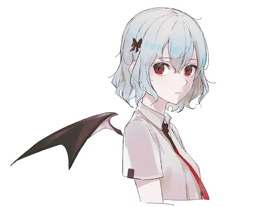 1girl alternate_costume bat_wings black_bow blue_hair bow cropped_torso from_side hair_bow highres medium_hair necktie no_headwear o_(crazyoton46) red_eyes red_necktie remilia_scarlet shirt short_sleeves simple_background solo touhou upper_body white_background white_shirt wings