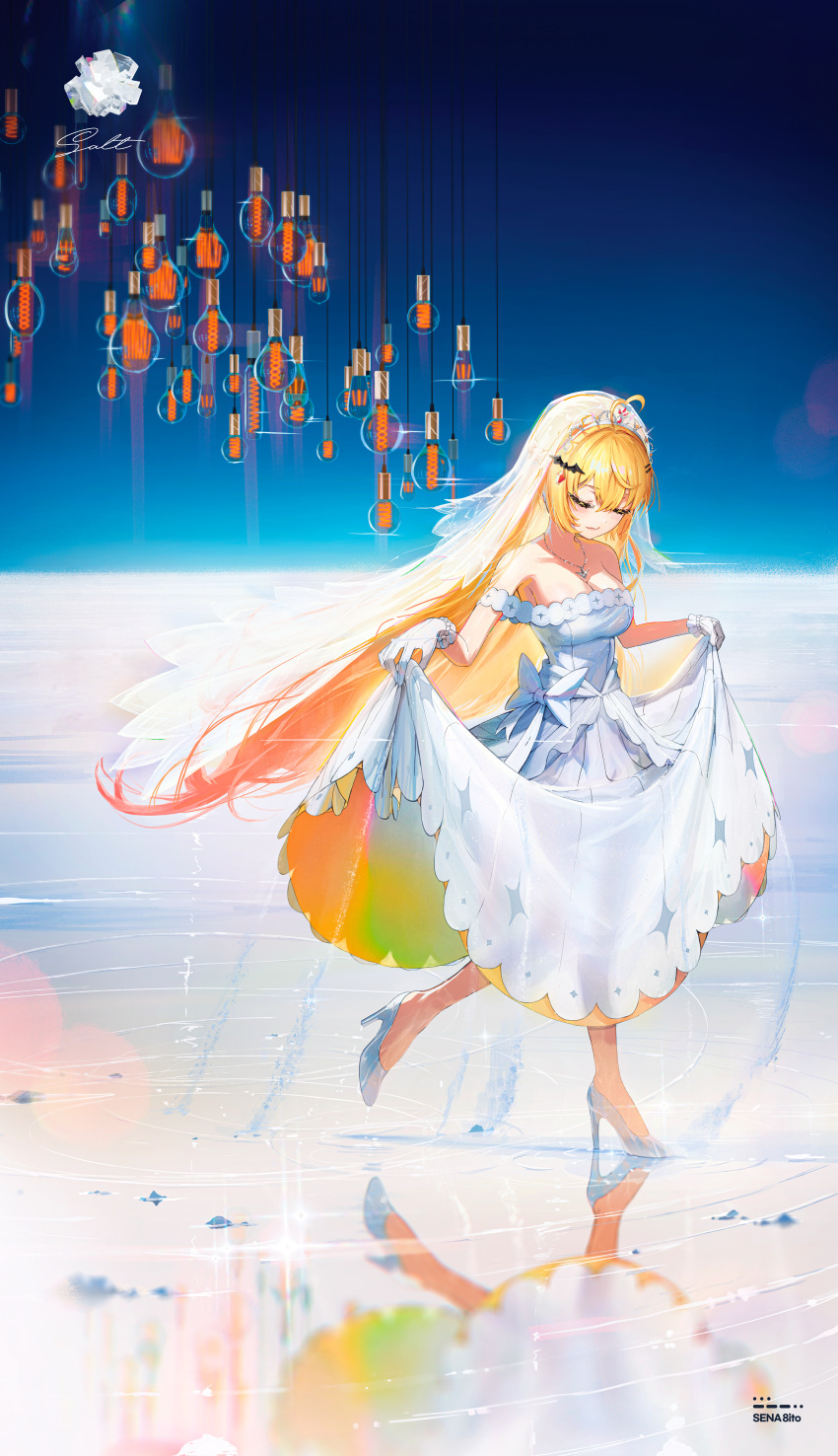 1girl absurdres ahoge artist_name bare_shoulders bat_hair_ornament blonde_hair bracelet braid breasts bridal_veil cleavage closed_eyes closed_mouth clothes_grab dress english_text fang french_braid gloves hair_ornament hairclip high_heels highres hololive jewelry large_breasts long_hair necklace pearl_bracelet ribbon scenery sena_8ito skin_fang skirt_hold smile solo tiara veil very_long_hair virtual_youtuber wedding_dress white_dress white_footwear white_gloves white_ribbon yozora_mel