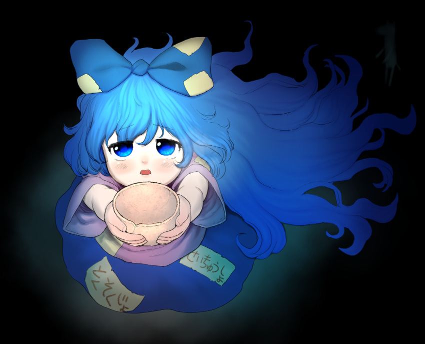 1girl begging blue_eyes blue_hair blue_skirt blush bow bowl commentary_request debt full_body grey_hoodie hair_between_eyes hair_bow highres holding holding_bowl hood hood_down hoodie long_hair medium_bangs open_mouth short_sleeves sitting skirt solo touhou very_long_hair wavy_hair yonaki yorigami_shion