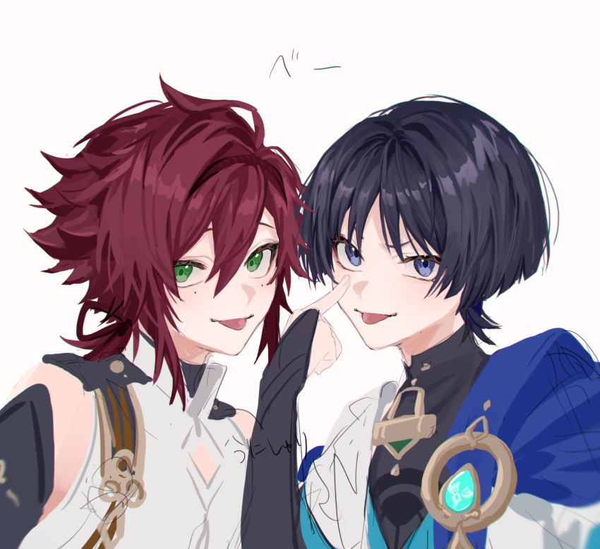 2boys akanbe armor bare_shoulders bishounen black_hair blue_eyes blue_vest bob_cut brown_hair commentary_request eyelid_pull frown genshin_impact gloves gold_trim green_eyes highres japanese_armor kote kurokote looking_at_viewer low_ponytail male_focus mole mole_under_each_eye mole_under_eye multicolored_hair multiple_boys multiple_moles no_headwear partially_fingerless_gloves red_hair scaramouche_(genshin_impact) shikanoin_heizou short_hair simple_background sound_effects tongue tongue_out translated two-tone_eyes two-tone_vest unishuri vest vision_(genshin_impact) wanderer_(genshin_impact) white_background white_vest