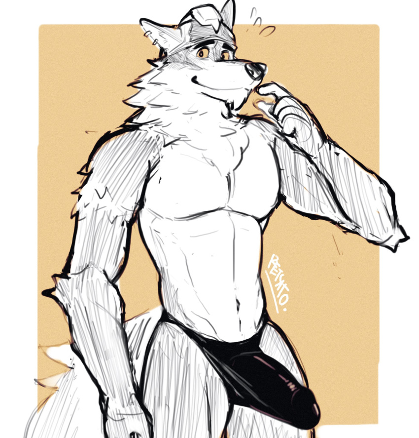 anthro bulge canid canine canis clothing epic_games fortnite genital_outline hi_res looking_at_viewer male mammal mors_k penis_outline simple_background sketch solo underwear wendell_(fortnite) wolf