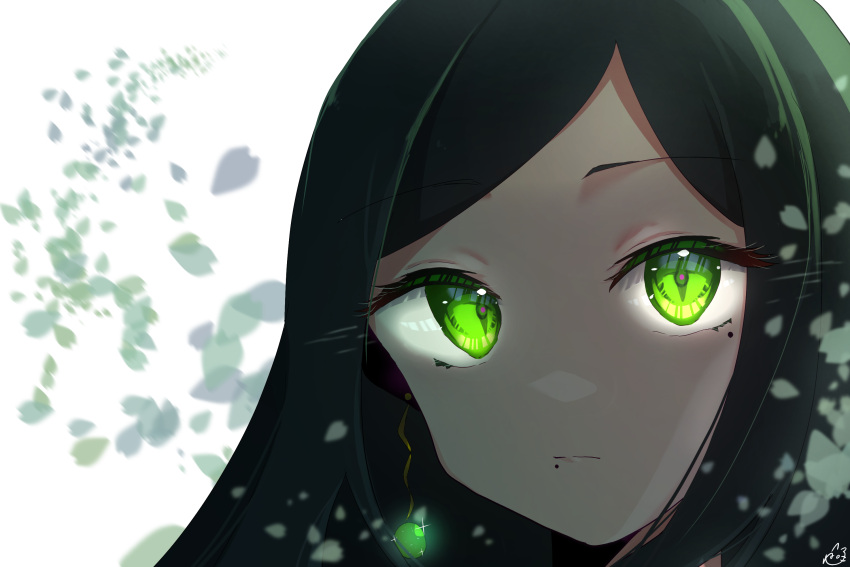 1girl blurry close-up closed_mouth commentary_request depth_of_field earrings falling_petals green_eyes green_hair highres jewelry long_hair looking_at_viewer mole mole_under_eye mole_under_mouth nekokuro_(geja5355) oshi_no_ko partial_commentary petals portrait shadow shiranui_frill sidelocks signature simple_background solo sparkle white_background