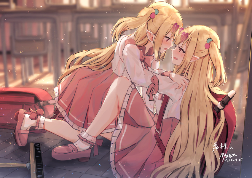 2girls absurdres arcanakit_v benevole blonde_hair blunt_bangs blurry blush classroom commentary_request commission dated depth_of_field desk elf eye_contact eyewear_on_head hair_bobbles hair_ornament heart heart-shaped_eyewear highres indoors kami_misuzu knee_up loafers long_hair long_sleeves looking_at_another mop multiple_girls open_mouth pleated_skirt pointy_ears red_bag red_eyes red_footwear red_skirt school_desk selfcest shirt shoes skeb_commission skirt smile socks two_side_up very_long_hair white_shirt white_socks yuri