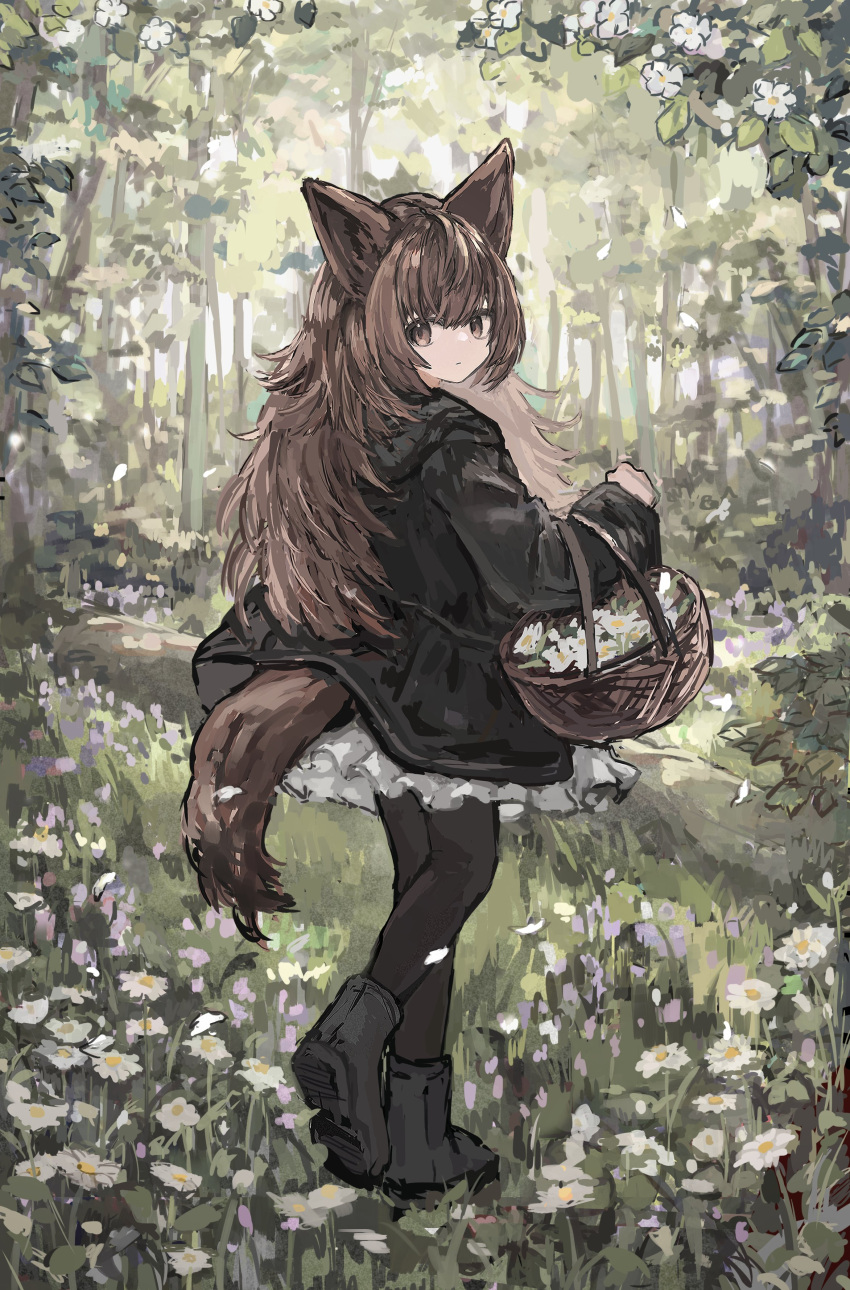 1girl absurdres animal_ears black_footwear black_jacket black_pantyhose brown_eyes brown_hair daisy flower flower_basket forest full_body highres jacket log long_hair long_sleeves looking_at_viewer looking_back miniskirt nature original pantyhose rokojii skirt tail tree white_flower white_skirt