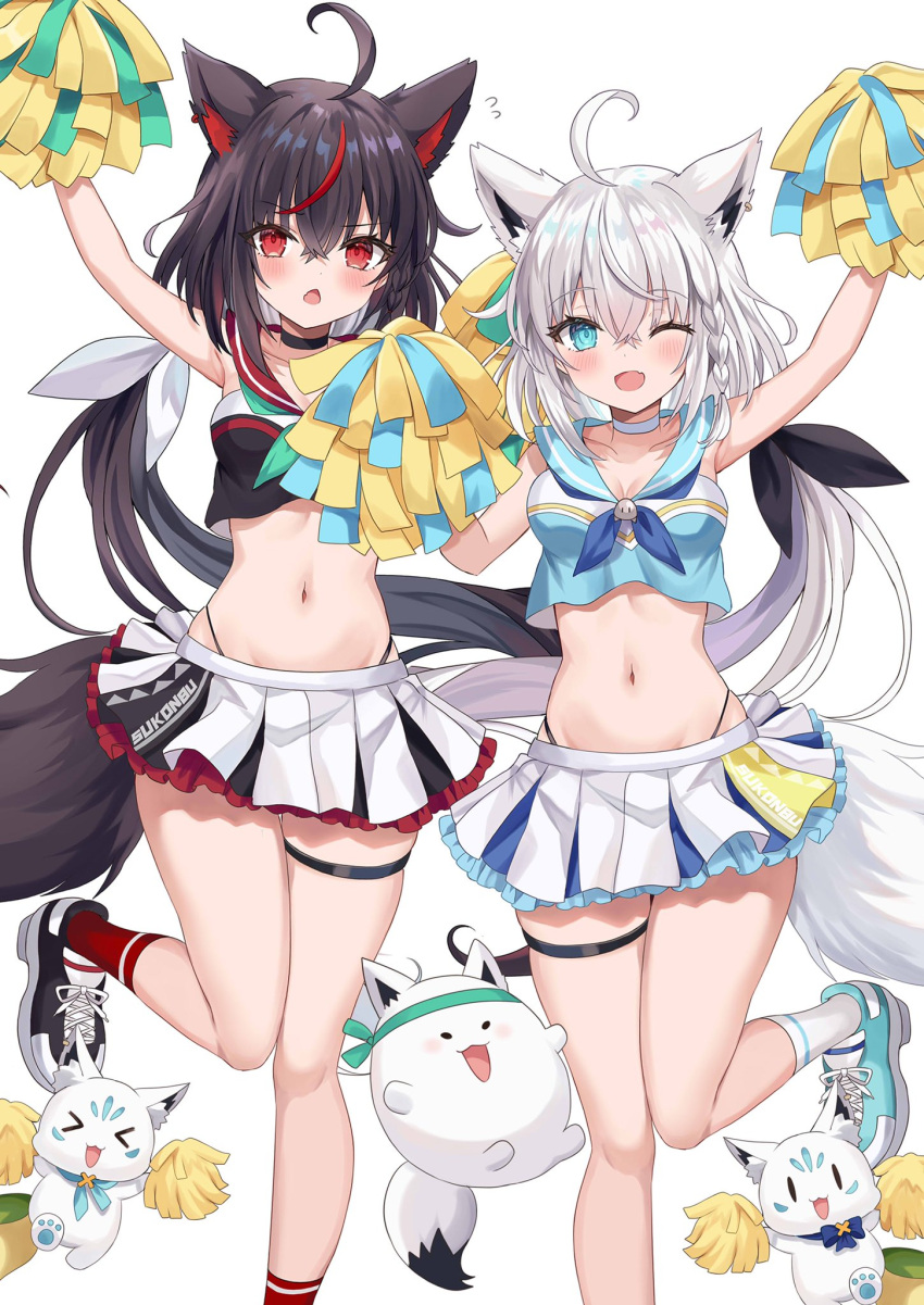 2girls ;d ahoge alternate_costume animal_ears arm_up armpits bare_arms bare_shoulders black_choker black_footwear black_hair black_sailor_collar black_shirt blue_eyes blue_shirt braid breasts cheerleader choker crop_top crop_top_overhang fox_ears fox_girl fox_tail frown fubuzilla_(shirakami_fubuki) hand_up highleg highres holding holding_pom_poms hololive kurokami_fubuki leg_up long_hair looking_at_viewer low_ponytail medium_breasts midriff miniskirt multicolored_hair multiple_girls navel neckerchief one_eye_closed open_mouth panty_straps pleated_skirt pom_pom_(cheerleading) red_socks retsuto sailor_collar shirakami_fubuki shirt shoes simple_background skirt sleeveless sleeveless_shirt smile sneakers socks standing standing_on_one_leg stomach streaked_hair sukonbu_(shirakami_fubuki) tail thigh_strap thighs v-shaped_eyebrows very_long_hair virtual_youtuber white_background white_choker white_hair white_skirt white_socks