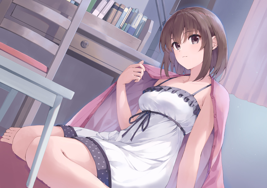 1girl absurdres alternate_costume arm_at_side bare_arms barefoot black_ribbon blush book breasts brown_eyes brown_hair chair closed_mouth collarbone commentary dress dutch_angle eyelashes eyes_visible_through_hair frilled_dress frills from_side hair_between_eyes hand_up highres indoors katou_megumi looking_at_viewer medium_breasts medium_hair open_clothes open_shirt pink_shirt ribbon saenai_heroine_no_sodatekata shirt sitting smile solo straight_hair sundress wariza white_dress yanagi_marie
