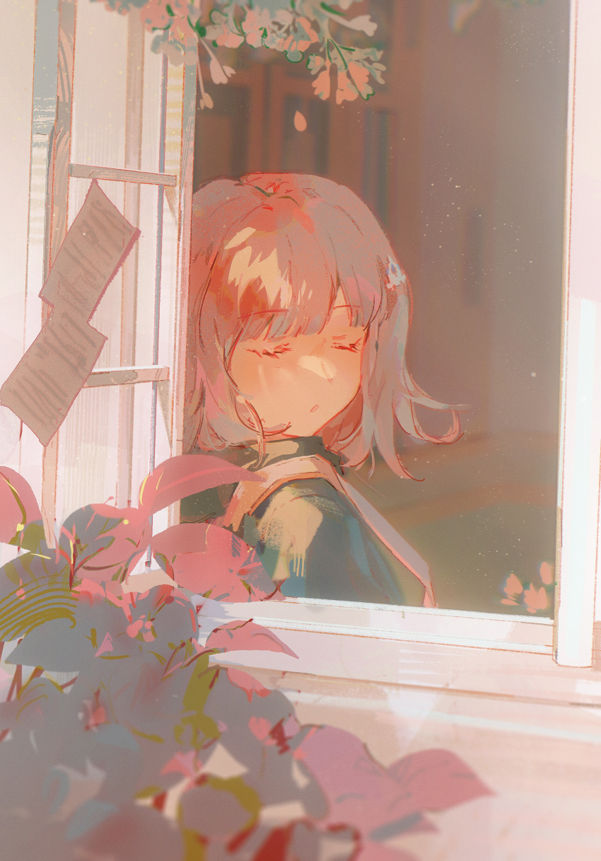 1girl :o backpack bag bangs blunt_bangs blush closed_eyes danganronpa_(series) danganronpa_2:_goodbye_despair facing_back galaga green_jacket hair_ornament highres hong_jing indoors jacket light_particles medium_hair nanami_chiaki open_mouth pink_hair plant solo window