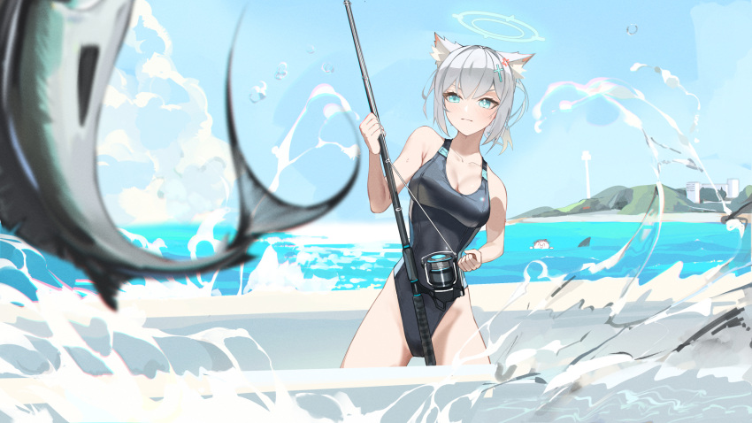 1boy 1girl anger_vein animal_ear_fluff animal_ears arona's_sensei_doodle_(blue_archive) bare_shoulders black_one-piece_swimsuit blue_archive blue_eyes blue_halo blue_sky blush boat breasts cloud competition_swimsuit cross cross_hair_ornament da_(datako) day extra_ears fishing fishing_line fishing_rod grey_hair hair_ornament halo highleg highleg_swimsuit highres holding holding_fishing_rod inverted_cross looking_at_viewer low_ponytail marlin_(fish) mismatched_pupils multicolored_clothes multicolored_swimsuit official_alternate_costume one-piece_swimsuit outdoors sensei_(blue_archive) shark shiroko_(blue_archive) shiroko_(swimsuit)_(blue_archive) sky splashing sweat swimsuit two-tone_swimsuit water watercraft wolf_ears