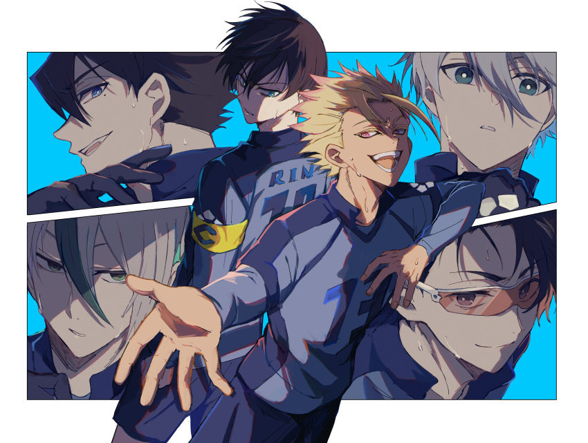 6+boys :d absurdres black_eyes black_gloves black_hair blonde_hair blue_background blue_eyes blue_lock blue_shirt blue_shorts closed_mouth collared_shirt cowboy_shot glasses gloves green_hair hand_up hands_up highres itoshi_rin karasu_tabito long_sleeves looking_away male_focus mole mole_under_eye multicolored_hair multiple_boys nagi_seishirou open_mouth otoya_eita pink_eyes portrait profile shidou_ryuusei shirt short_hair shorts smile soccer_uniform spiked_hair sportswear standing sweat toramaru_(696anna) two-tone_hair white_hair yellow_armband yukimiya_kenyu