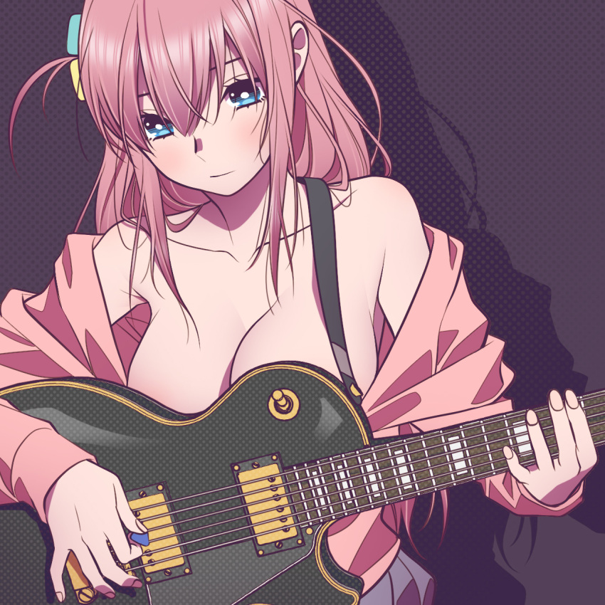 1girl accidental_exposure andrian_januar_adilia black_skirt blue_eyes bocchi_the_rock! breasts cleavage closed_mouth collarbone cube_hair_ornament electric_guitar gibson_les_paul gotoh_hitori guitar hair_between_eyes hair_ornament highres holding holding_instrument holding_plectrum indonesian_commentary instrument jacket large_breasts long_hair looking_at_viewer pink_hair pink_jacket pleated_skirt plectrum sidelocks skirt upper_body