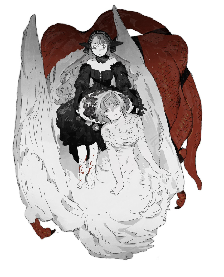 2girls bare_shoulders barefoot black_corset black_dress black_headwear black_sleeves blood blood_on_feet chimera corset dragon_girl dress dungeon_meshi earmuffs elf falin_thorden feathered_wings feathers food from_above highres holding holding_plate long_hair ma_fu marcille meat monochrome monster_girl multiple_girls mushroom plate pointy_ears puffy_sleeves scales short_hair simple_background sitting sitting_on_person sleeves_past_wrists spoilers very_long_hair white_background white_feathers wings