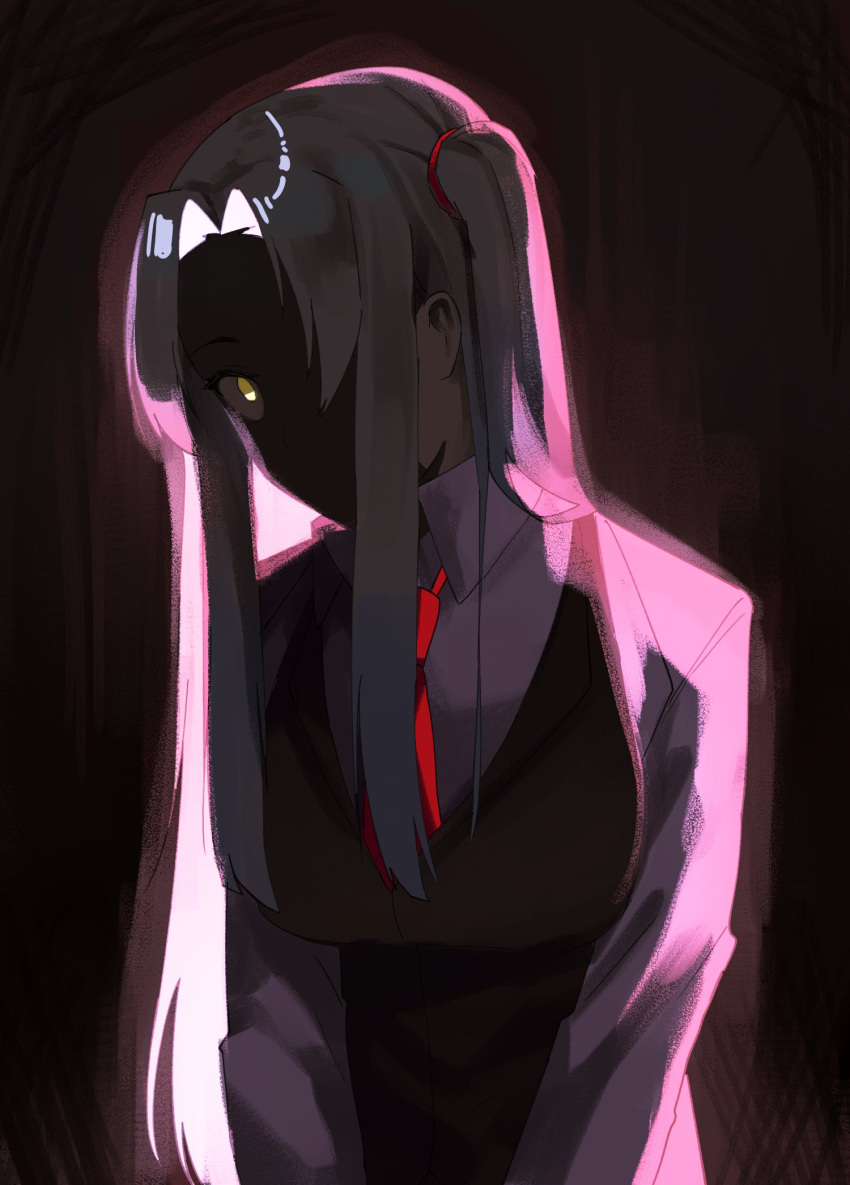 1girl angela_(project_moon) backlighting black_background black_vest blue_hair breasts coat collared_shirt highres lab_coat large_breasts lobotomy_corporation long_hair long_sleeves looking_at_viewer msx_(mis4xi) necktie one_side_up parted_bangs project_moon red_necktie shaded_face shirt simple_background solo upper_body very_long_hair vest white_coat white_shirt yellow_eyes