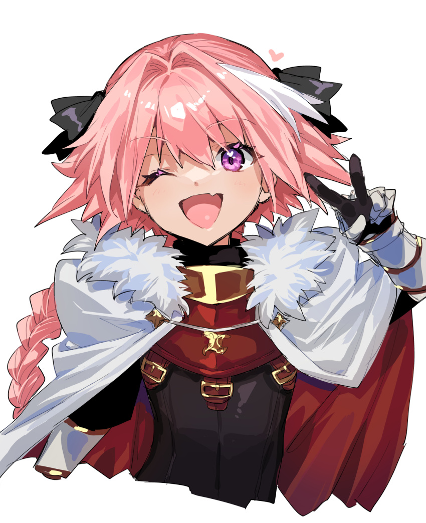 1boy astolfo_(fate) black_bow bow braid capelet cropped_torso fang fate/apocrypha fate/grand_order fate_(series) fur-trimmed_capelet fur_trim hair_bow hair_ribbon highres long_braid long_hair looking_at_viewer male_focus multicolored_hair one_eye_closed open_mouth otoko_no_ko pink_hair purple_eyes ribbon single_braid skin_fang smile solo streaked_hair v white_hair yadayada