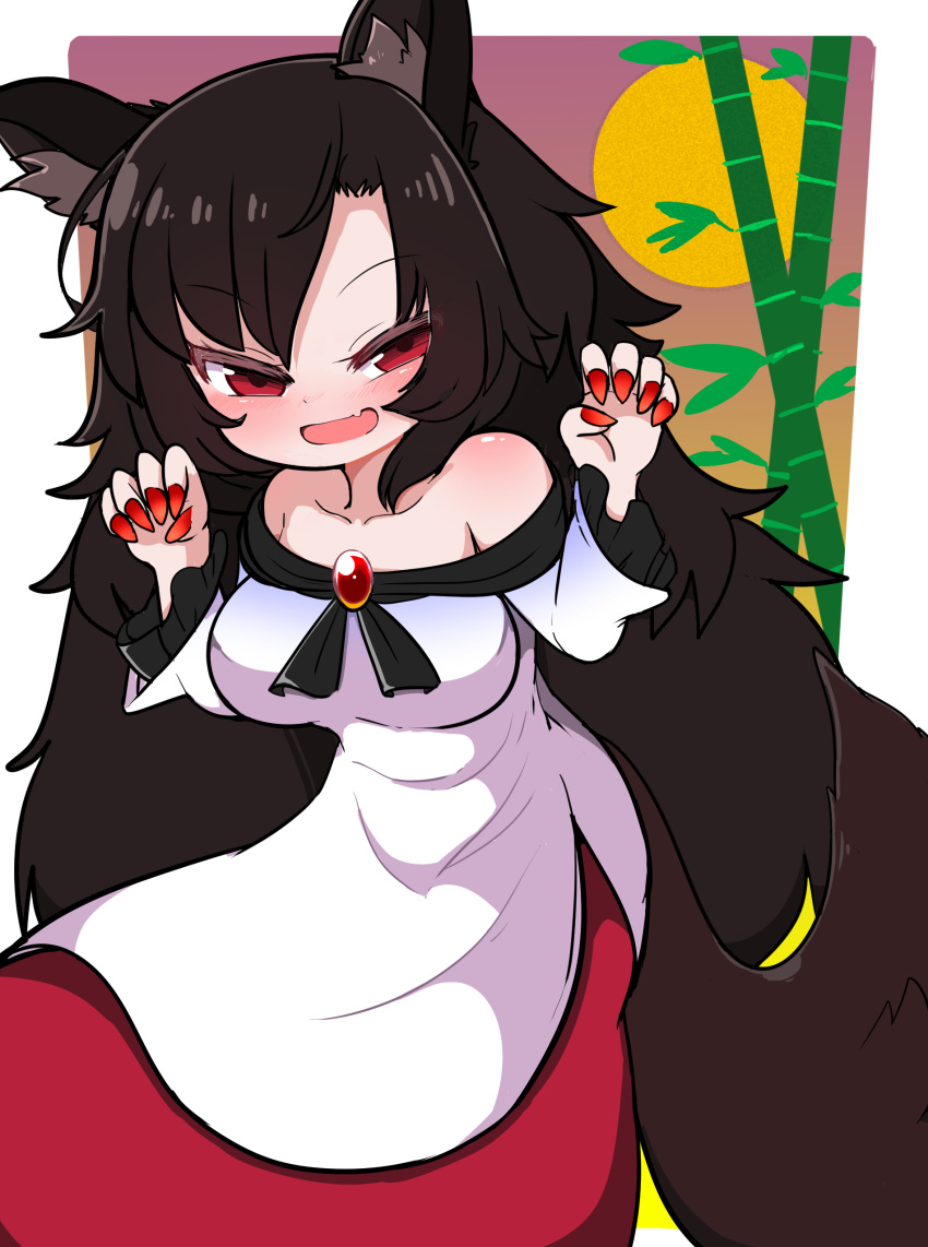 1girl absurdres animal_ear_fluff animal_ears bamboo blush border breasts brooch brown_hair claw_pose commentary_request cowboy_shot dress fang fingernails frilled_sleeves frills full_moon half-closed_eyes highres imaizumi_kagerou jewelry kunitori large_breasts long_hair long_sleeves looking_at_viewer medium_bangs moon off-shoulder_dress off_shoulder open_mouth outside_border red_brooch red_eyes red_nails red_skirt skin_fang skirt sleeveless smile solo tail touhou white_border white_dress wolf_ears wolf_girl wolf_tail