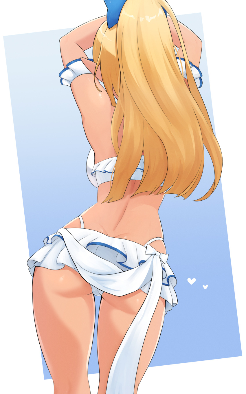 1girl absurdres arms_up ass ass_shake back bikini bikini_skirt blonde_hair blue_bow bow breasts contrapposto dark-skinned_female dark_skin elf frilled_bikini frills from_behind heart highleg highleg_bikini highres hololive hololive_summer_2022_swimsuit large_breasts long_hair pointy_ears ponytail shiranui_flare solo swimsuit telomere thighs virtual_youtuber white_bikini