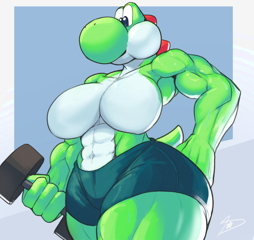 2023 abs absurd_res anthro anthrofied big_breasts bottomwear breasts clothed clothing digital_media_(artwork) dreamerknight exercise featureless_breasts female hi_res huge_thighs mario_bros muscular muscular_female muscular_thighs nintendo shorts solo thick_thighs topless topless_anthro topless_female workout yoshi