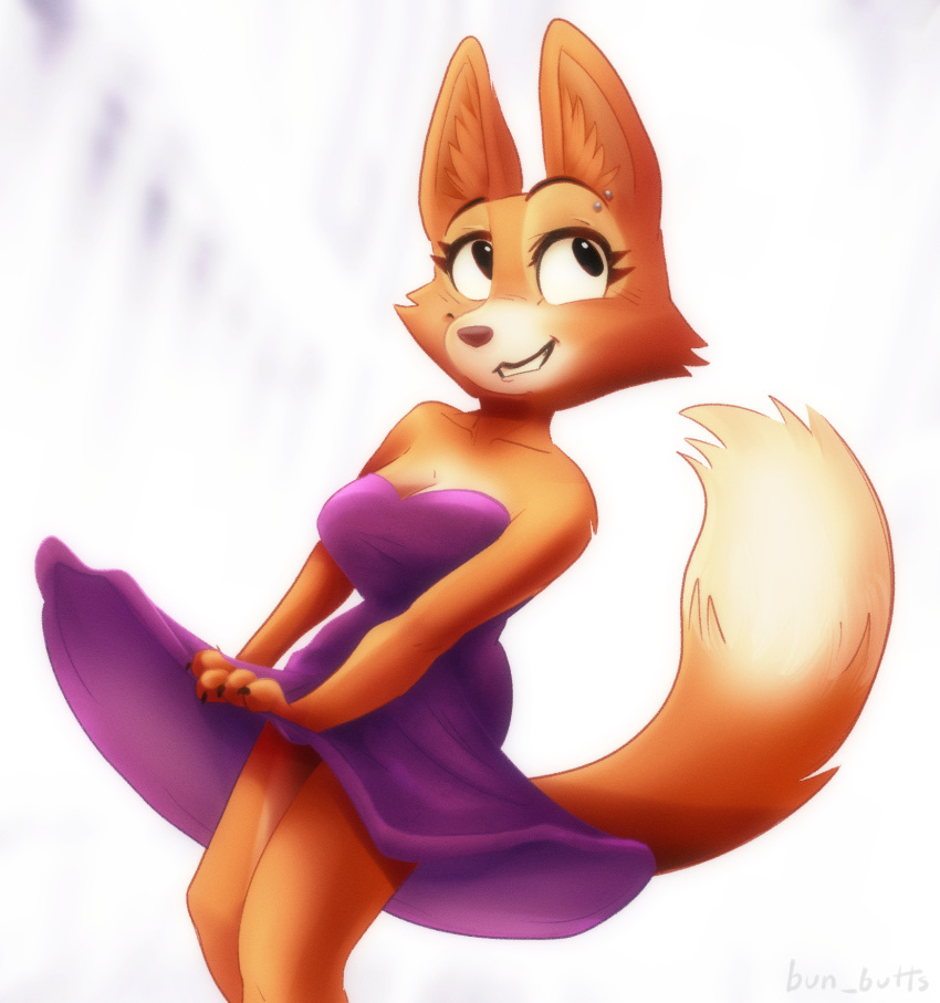 anthro big_breasts big_ears big_eyes black_eyes breasts bun_butts bunbutts canid canine cheek_tuft clothed clothing clothing_lift diane_foxington dreamworks dress dress_lift eyebrow_piercing eyelashes facial_piercing facial_tuft female fox fur hi_res looking_at_viewer mammal multicolored_body multicolored_fur multicolored_tail orange_body orange_fur piercing pink_nose purple_clothing purple_dress smile solo tail the_bad_guys tuft two_tone_body two_tone_fur under_dress viewing_from_under wide_eyed