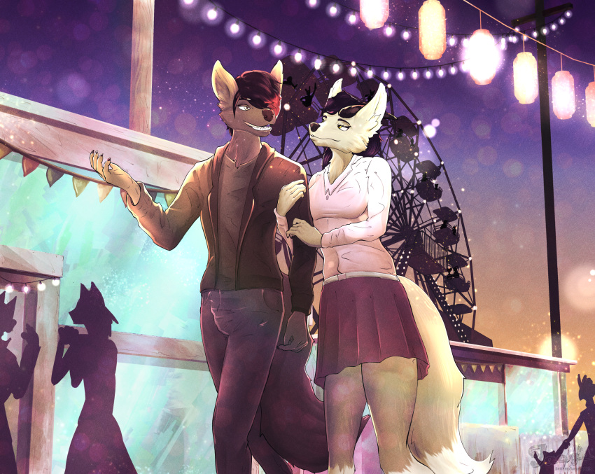 2023 5_fingers amusement_ride anthro black_hair black_nose bottomwear breasts canid canine canis claws clothed clothing date digital_media_(artwork) duo evening female ferris_wheel finger_claws fingers fox fur grey_body grey_fur hair hi_res holding_arm humanoid_hands jacket jaeger_wunderkind male male/female mammal pants romantic romantic_couple silhouette skirt teeth topwear white_body white_fur wolf