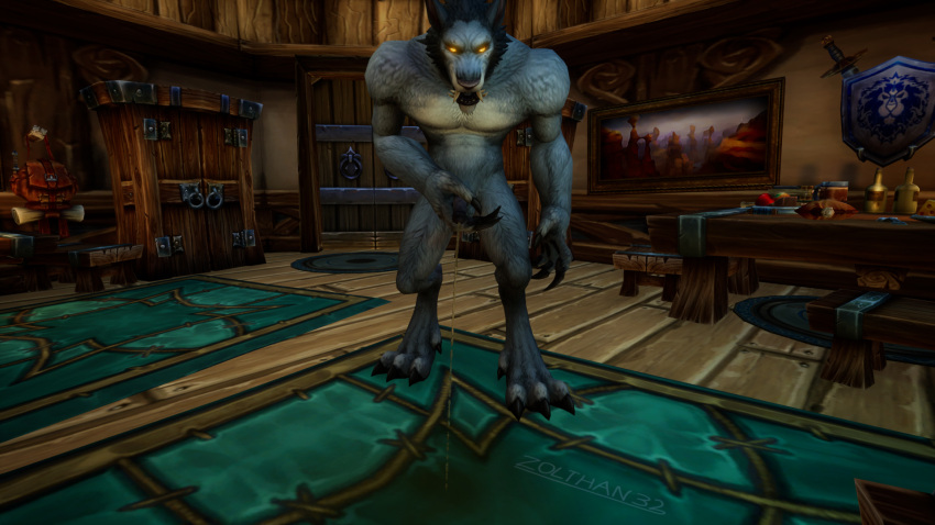 activision anthro balls blizzard_entertainment bodily_fluids canid canine fur genital_fluids genitals glowing glowing_eyes happy hi_res male mammal nude open_mouth peeing peeing_on_ground penis relieved solo urine urine_on_ground urine_pool urine_stream warcraft watersports were werecanid werecanine werewolf worgen zolthan32