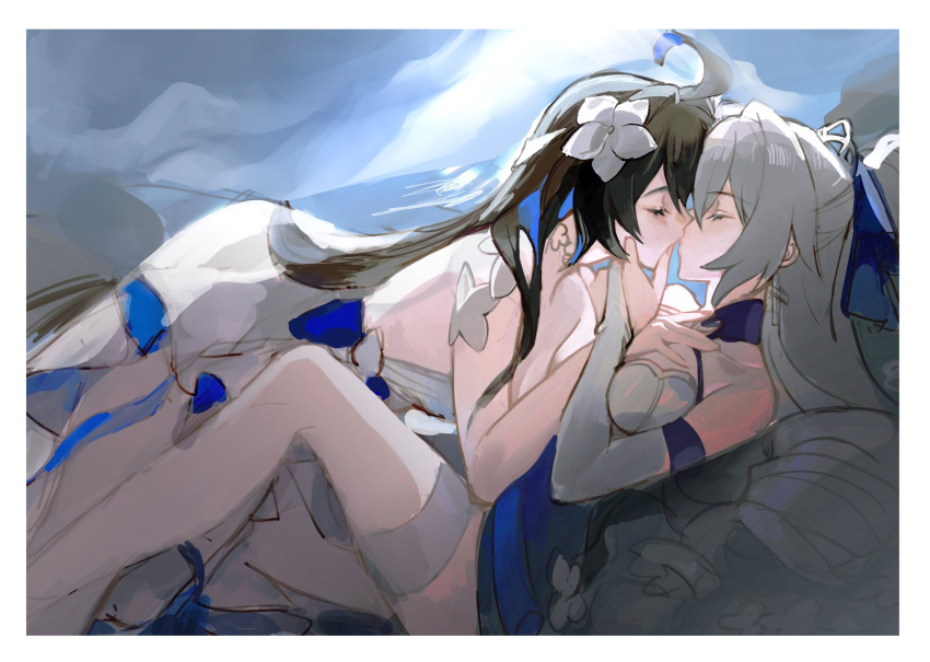 2girls ahoge black_hair bronya_zaychik bronya_zaychik_(silverwing:_n-ex) closed_mouth colored_inner_hair couple dress drill_hair english_commentary flower grey_hair hair_flower hair_ornament hand_on_another's_chest highres honkai_(series) honkai_impact_3rd kiss long_hair mie_xing multicolored_hair multiple_girls seele_vollerei sleeveless sleeveless_dress unfinished white_dress yuri