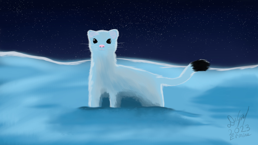 ambiguous_gender detailed_background digital_media_(artwork) dipstick_tail feral fur hi_res lied_etal mammal markings mustelid musteline signature sky snow solo star starry_sky stoat tail tail_markings true_musteline weasel white_body white_fur