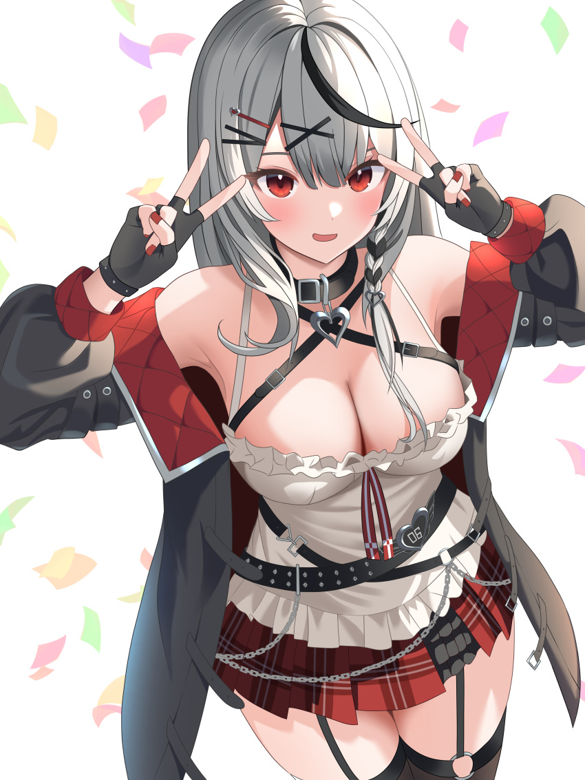1girl absurdres bare_shoulders belt black_collar black_hair blush breasts camisole cleavage collar confetti double_v fingerless_gloves frilled_camisole frills garter_straps gloves grey_hair hair_between_eyes hair_ornament hairclip heart_belt heart_collar heart_pendant highres hololive kuchitani large_breasts long_hair looking_at_viewer multicolored_hair o-ring o-ring_legwear off-shoulder_jacket off_shoulder plaid plaid_skirt pleated_skirt red_eyes red_nails sakamata_chloe skirt solo streaked_hair thighhighs two-tone_hair v virtual_youtuber white_background white_camisole